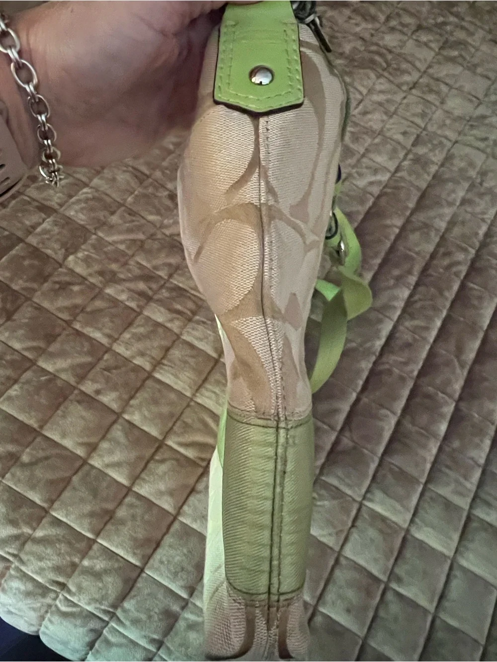 Coach Khaki Signature Crossbody with Lime Trim